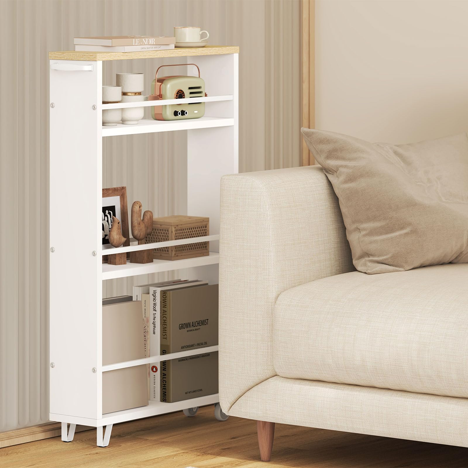 WOLTU Carrito de Cocina con 3 Niveles, Carro Auxiliar Cocina con Ruedas, Estanteria Estrecha de Almacenamje, Madera y Metal, con Frenos y Asa, 47x13x80 cm, Blanco+Roble Claro