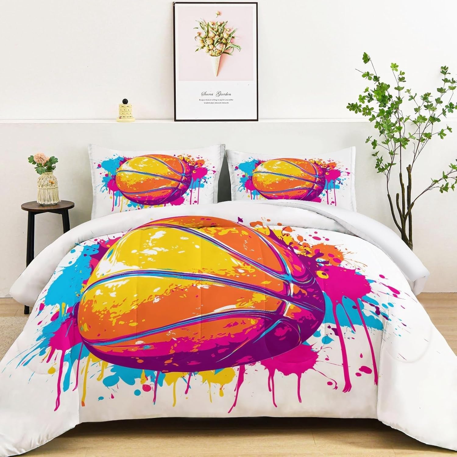 Koszykówka Kołdra 200 x 200 cm Drukuj Kołdra 4 Pory Roku Miękka, Ciepła i Oddychająca Dwustronna z 2 poszewkami na poduszki (50 x 75 cm)