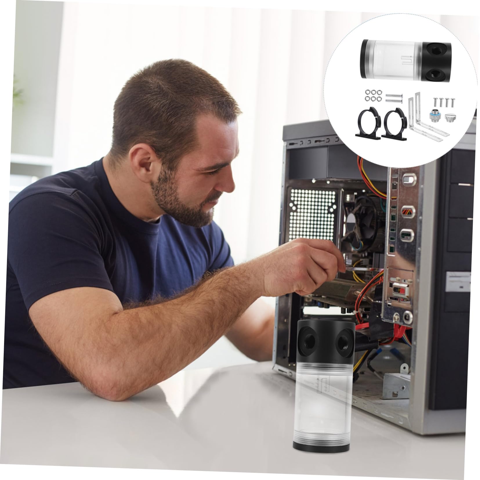 SHINEOFI Serbatoio Materiale Ferro e Abs di Raffreddamento Acqua Cilindrico per PC con Fascia Tenuta e Assemblaggio Kit di Raffreddamento Liquido per Sistema di Raffrescamento Computer