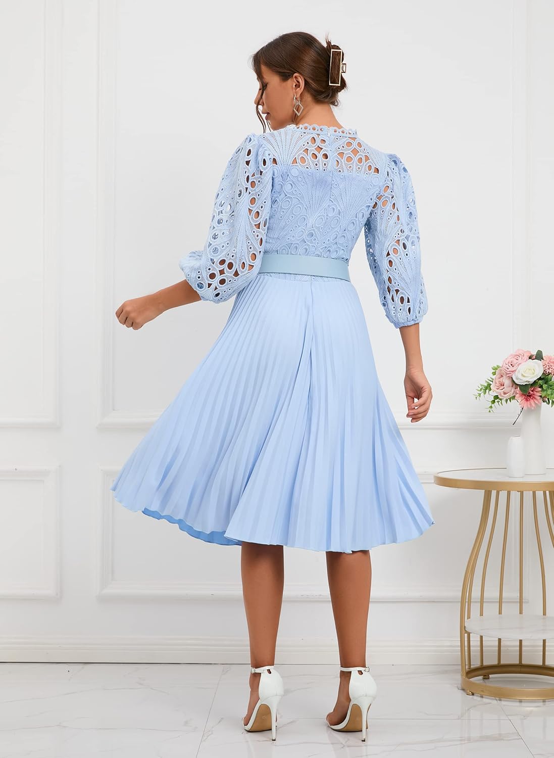 IWFEV Lace Pleated Dress Puff Sleeve Mid-Calf Short Sleeve Midi Dress Hollow Party Evening Dress - Image 7