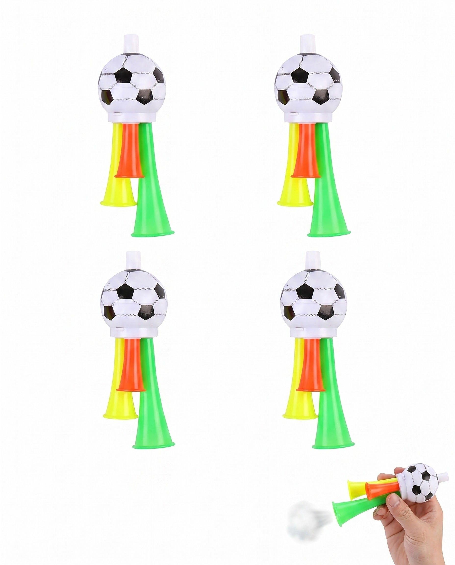 Vuvuzela 4 pièces, haut-parleur et trépied compact pour encourager le football en stade. Idéal comme fanfare pour les événements sportifs, les tournois de football et le basket-ball.