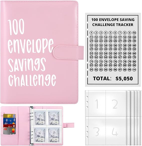 100 Envelope Challenge Binder - A5 Money Saving Budget Binder with Cash Envelopes 52-Week Money Saving Challenge Book Easy to Save $5050, Money Budget Binder (Pink)