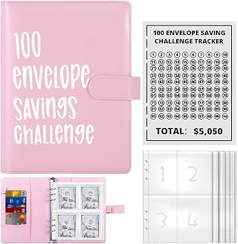 100 Envelope Challenge Binder - A5 Money Saving Budget Binder with Cash Envelopes 52-Week Money Saving Challenge Book Easy to Save $5050, Money Budget Binder Pink