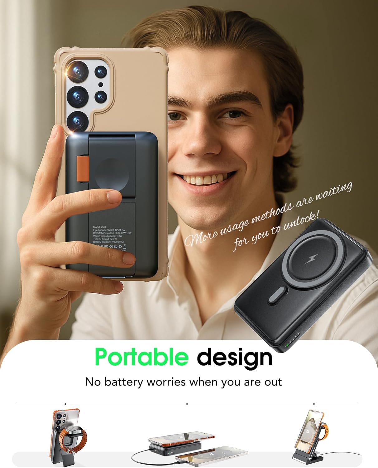 Foldable Charging Station for Samsung,5 in 1 Magnetic Wireless Charger 10000mAh Detachable Portable Power Bank Nightstand Compatible for Galaxy S25 Edge/Z Fold/Flip 7/S25/S24/S23,Galaxy Watch8,Bud - Image 7