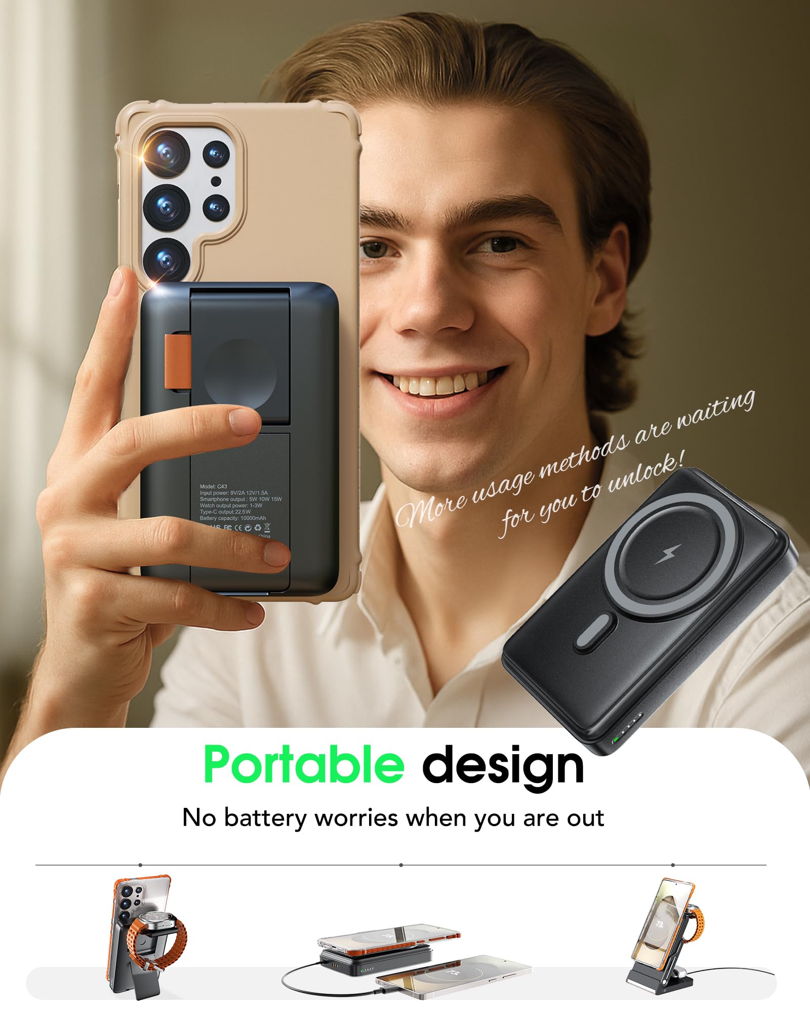 Estación de carga plegable para Samsung, cargador inalámbrico magnético 5 en 1 de 10000 mAh, soporte de noche portátil desmontable compatible con Galaxy S25 Edge/Z Fold/Flip 7/S25/S24/S23, Galaxy