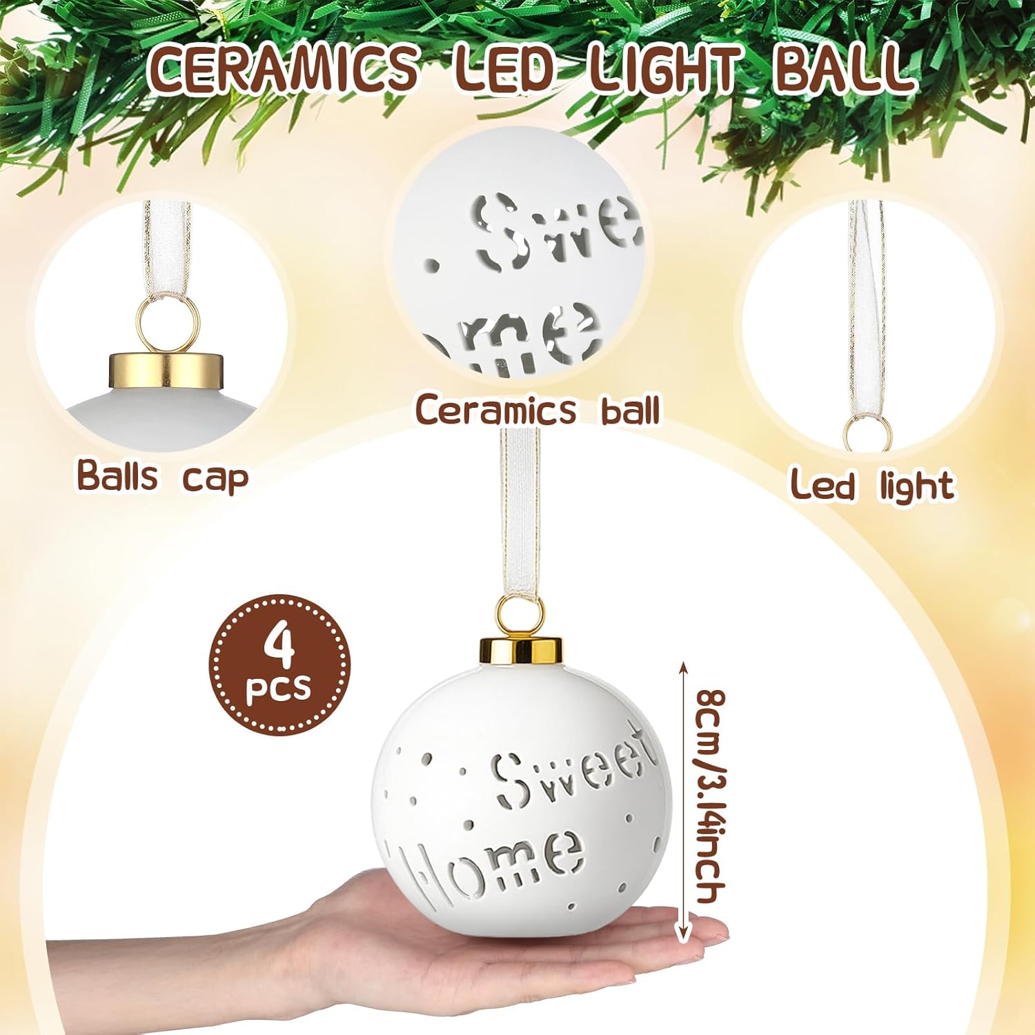 9 Pieces Light up White Ceramic Village House Noel Sweet Home Ornaments Bulk Christmas Tree Decorations Indoor LED Lighted Hanging Porcelain Xmas Balls Battery Operated for Housewarming Gift - Image 4