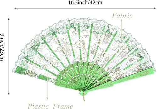 Miniatura 3 de QIRMIZI 10 abanicos plegables de encaje rosa, abanicos de mano plegables de seda, perfectos para bodas, fiestas y bailes, verde