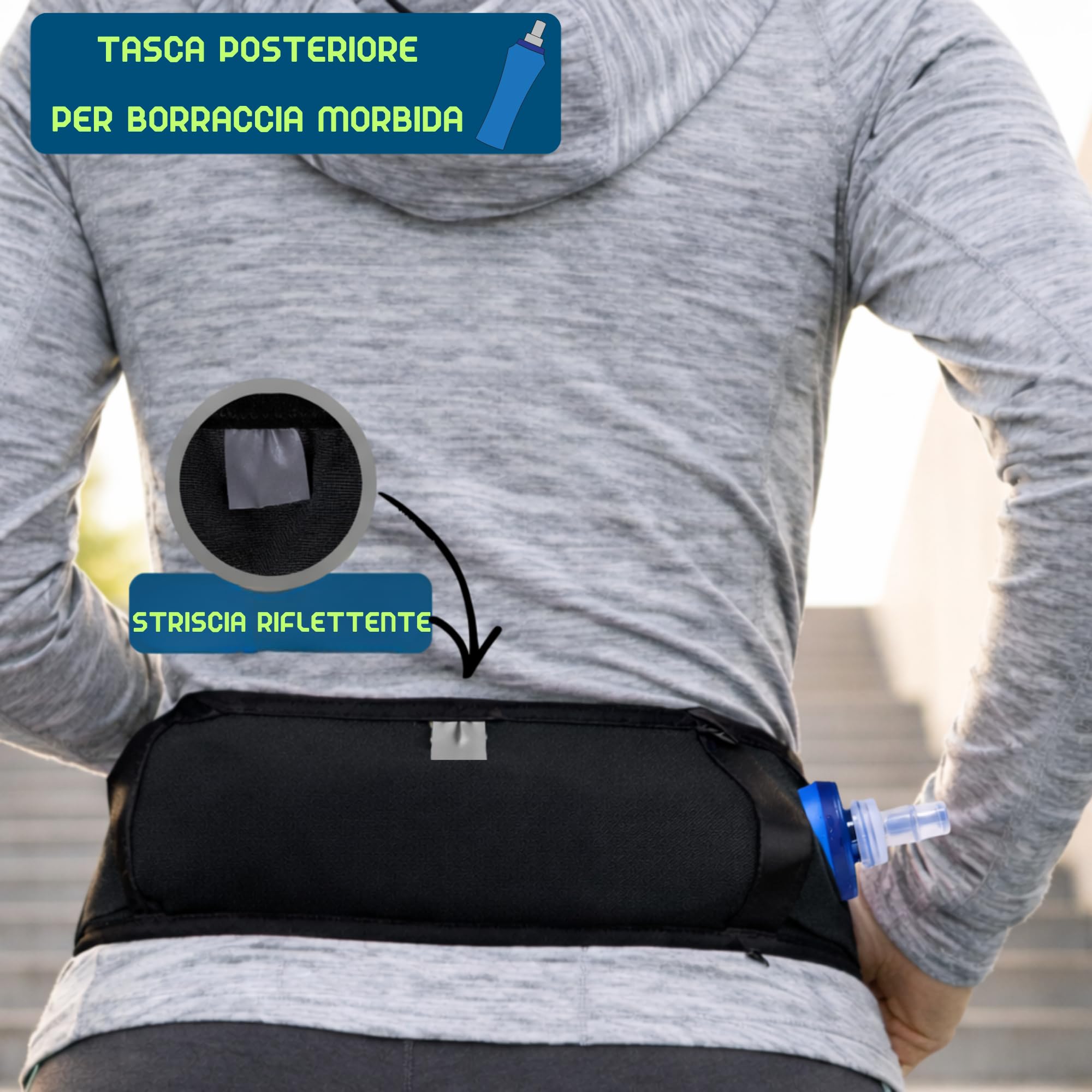 YUME Marsupio Running con 3 tasche + portaborraccia - Marsupio corsa per uomo e donna (NEGRO, M)