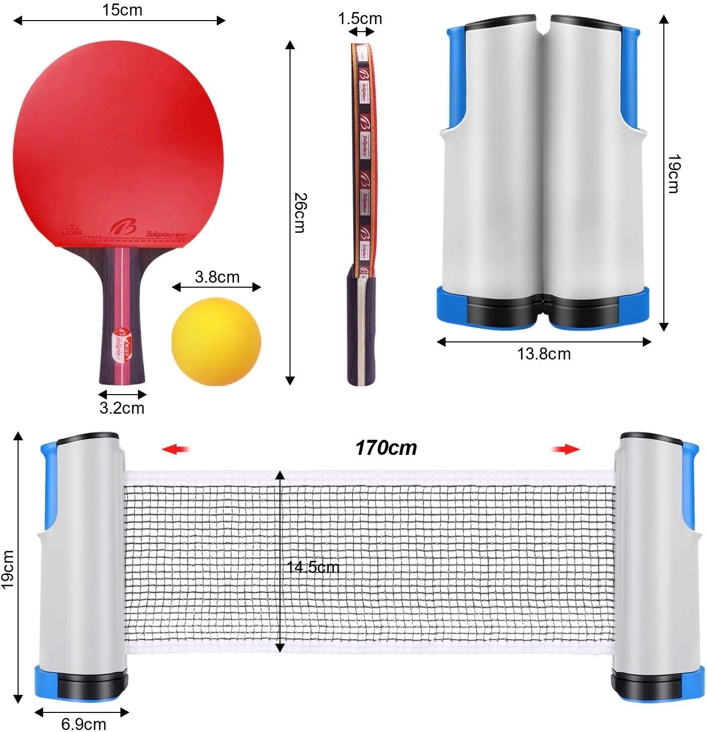 XDDIAS Ping Pong Paddle Set, Portable Table Tennis Racket Sets Includes 4 Rackets, 8 Game Balls, 1 Retractable Net, Storage Case for All Ages Indoor Outdoor