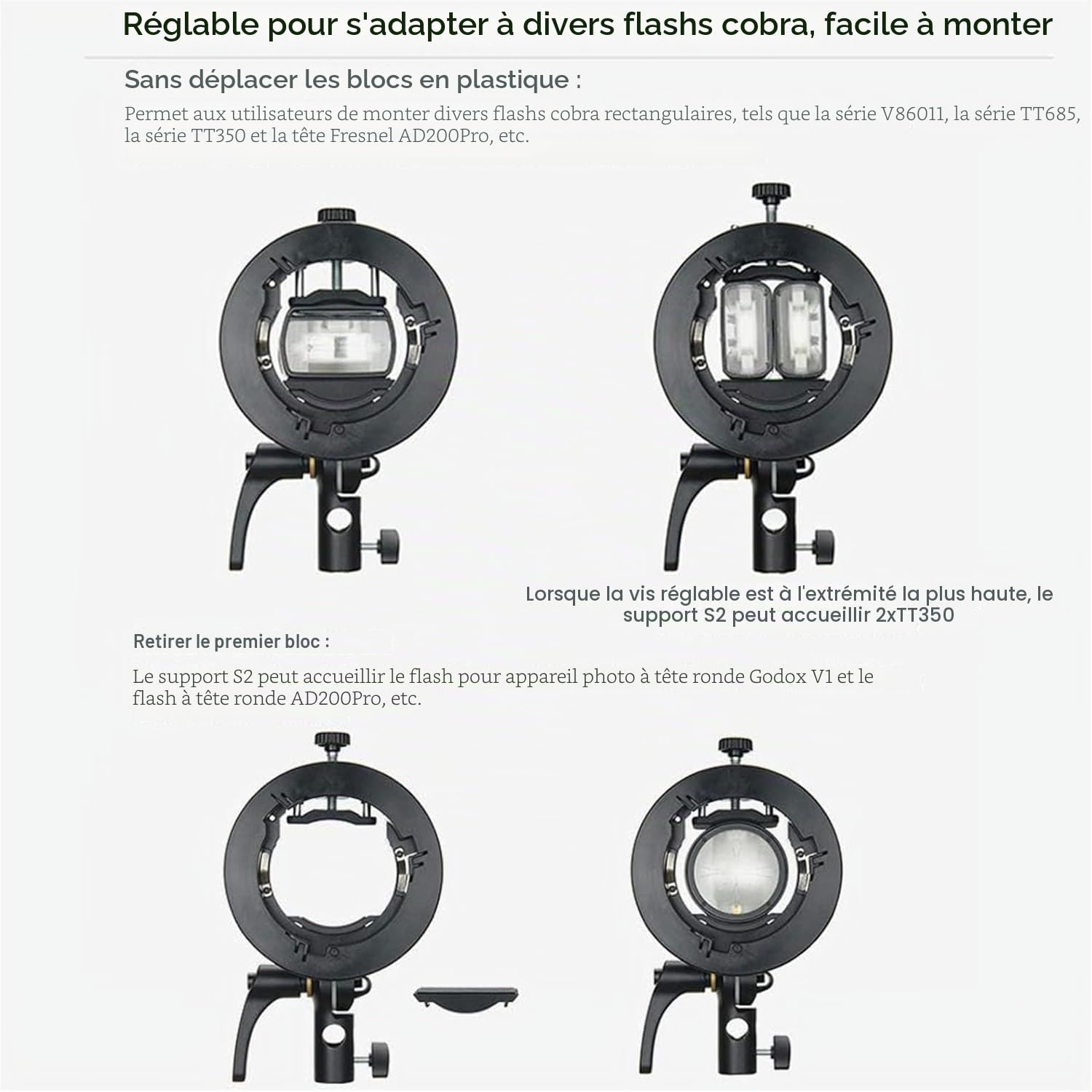 Godox S2 Speedlite Bowens Support pour Flash Godox V1,V1Pro,AD200Pro,AD200 AD400Pro et Plus,Support de Flash de Type S à Contrôle d'inclinaison Précis pour Boîte à Lumière,Parapluie,Flashde Studio