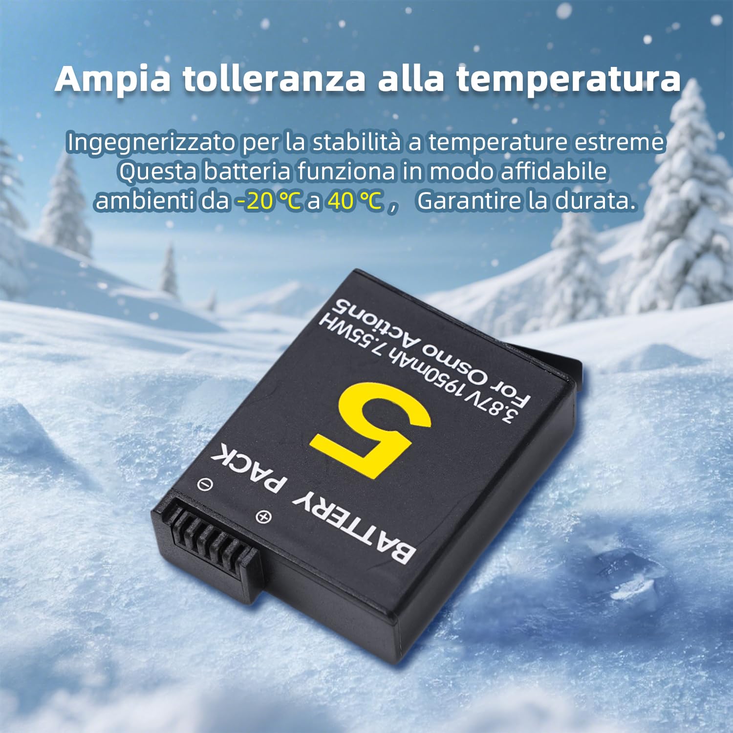 Batteria compatibile con DJI Osmo Action 5 Pro/4/3 e Osmo 360 | Freddo -20°C, 7,55Wh/3,87V. Chip protezione da sovraccarico, cortocircuito e surriscaldamento