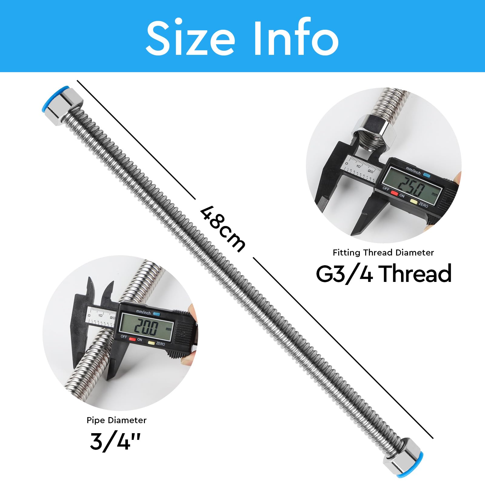 SWAWIS 48 cm elastyczny wąż przyłączeniowy 3/4" DN20, wąż ze stali nierdzewnej z silikonową uszczelką do podgrzewaczy wody, toalety, wanny i kranów