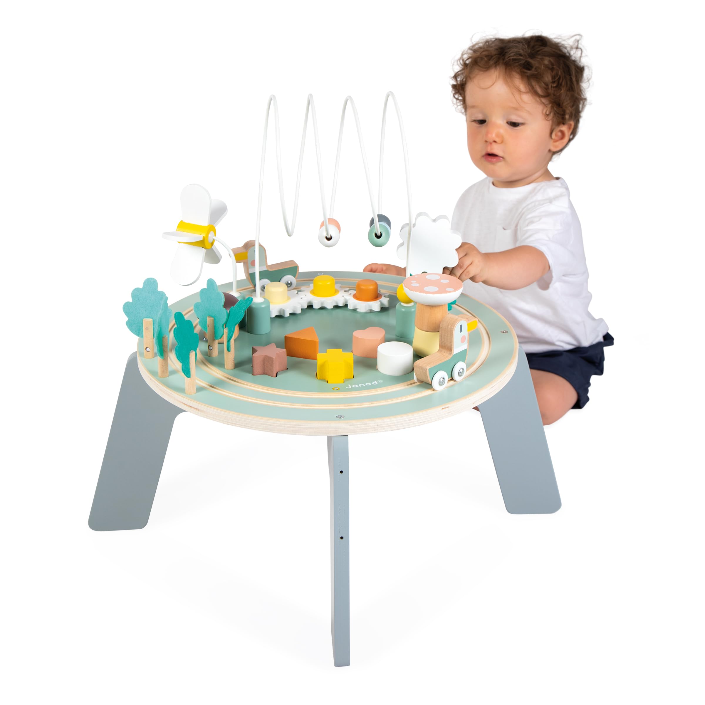 Janod - Mesa de Actividades de Madera Sweet Cocoon - 9 Actividades Infantiles - Juguete de Estímulo - Ejercita Motricidad Fina - Mesa de Madera FSC - Tema Jardín - A Partir de 12 Meses, J04045