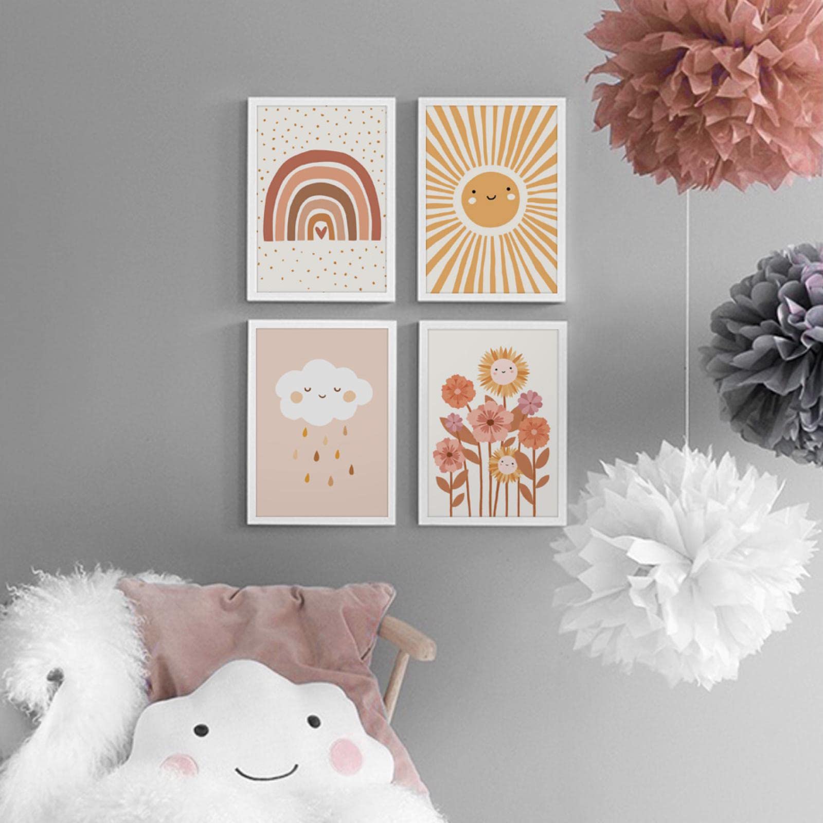Arte de la pared del cuarto de niños Dibujos animados Nube Sol Flores Arco iris Lienzo Carteles Niños Imágenes Pinturas decorativas Bebé Niños Habitación Decoración 40x70cm (16x28in) x4 Sin marco