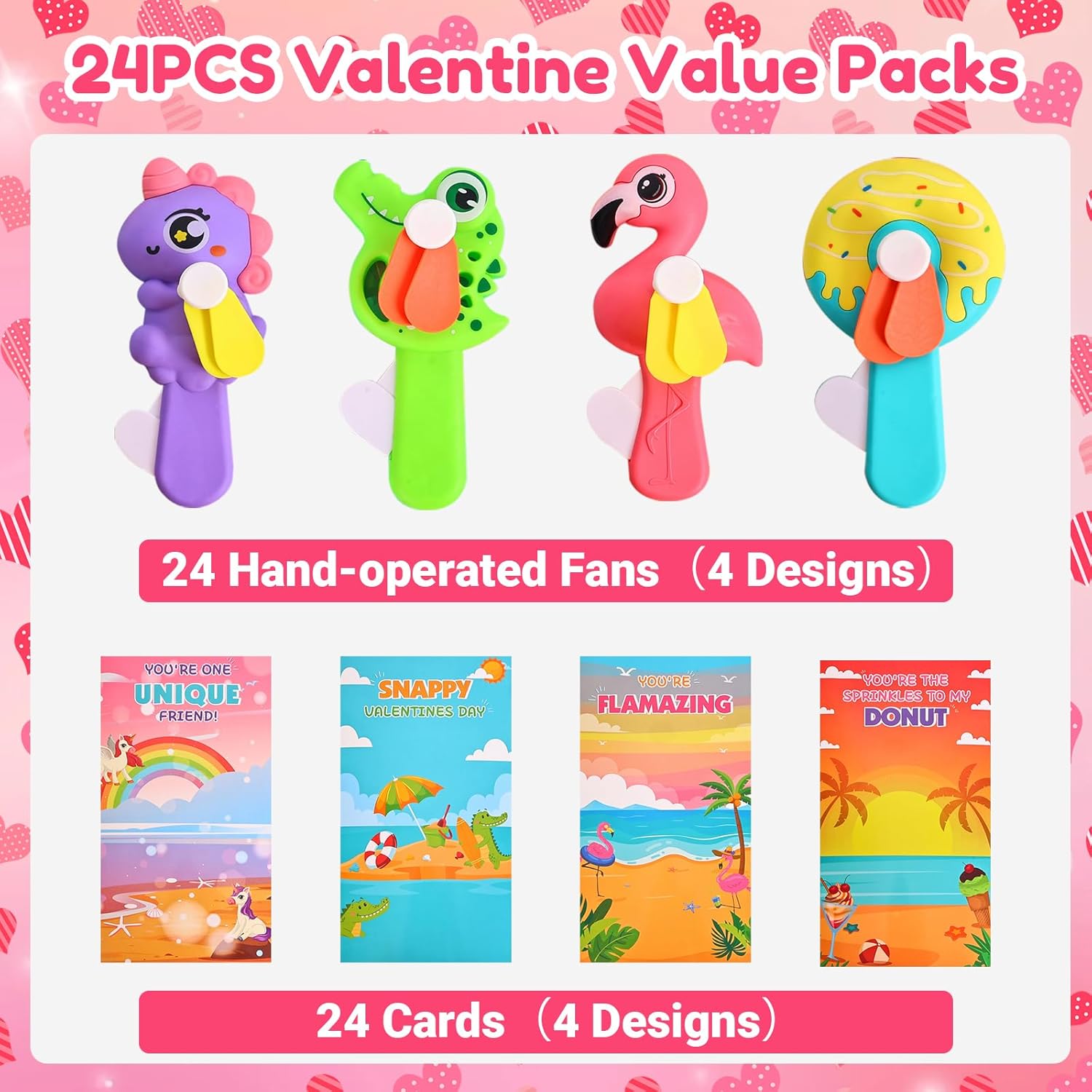 Valentine's Day Gifts for Kids - 24 Pack Mini Handheld Fans with Cards, Cute Animal Designs (Unicorn, Flamingo, Donut, Crocodile) for Classroom Exchange, School Party Favors, Boys Girls Ages 3+
