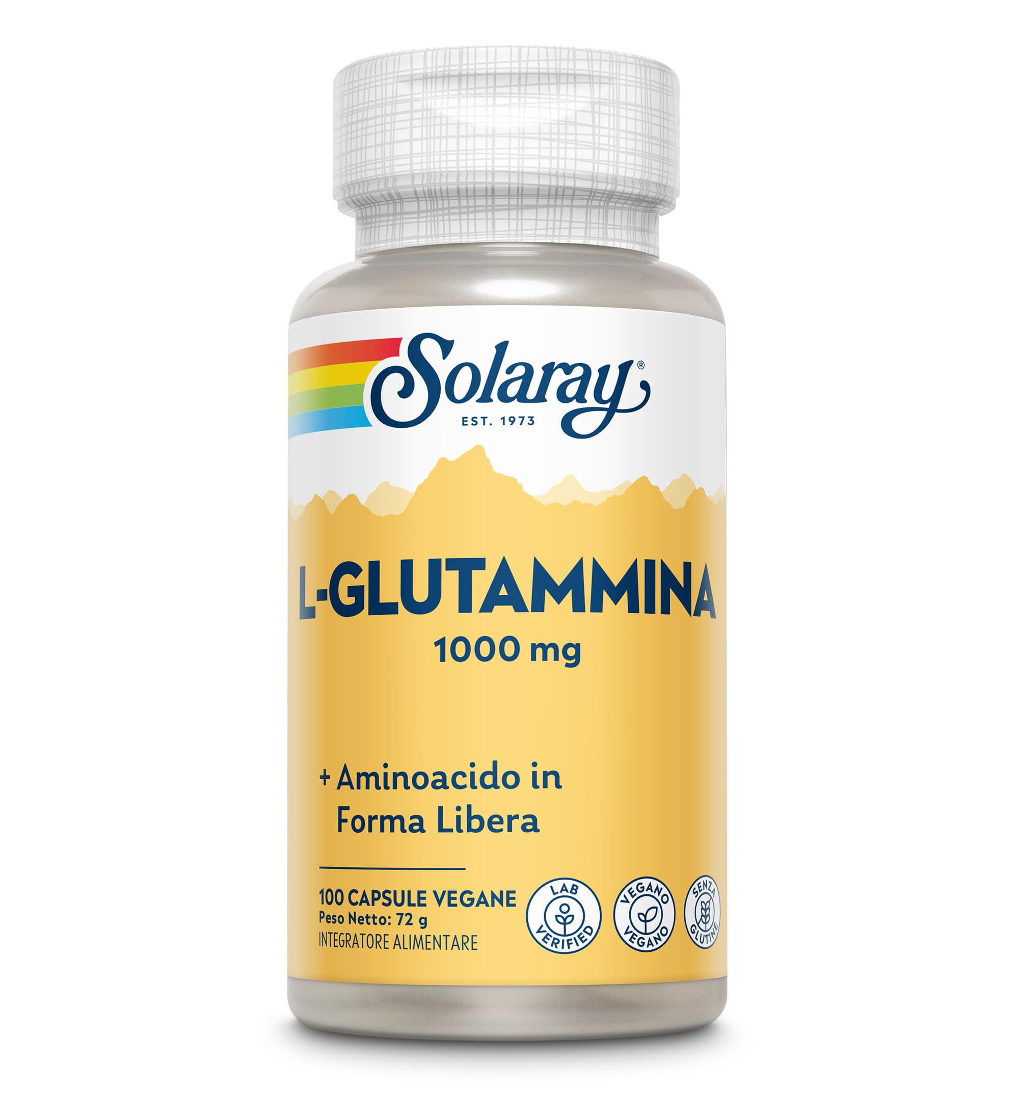 Solaray Glutammina 1000mg - 100 Capsule Vegane - 500mg di L-Glutammina per Capsula - Aminoacido di Alta Qualità - Integratore Pre Allenamento - Testata in Laboratorio
