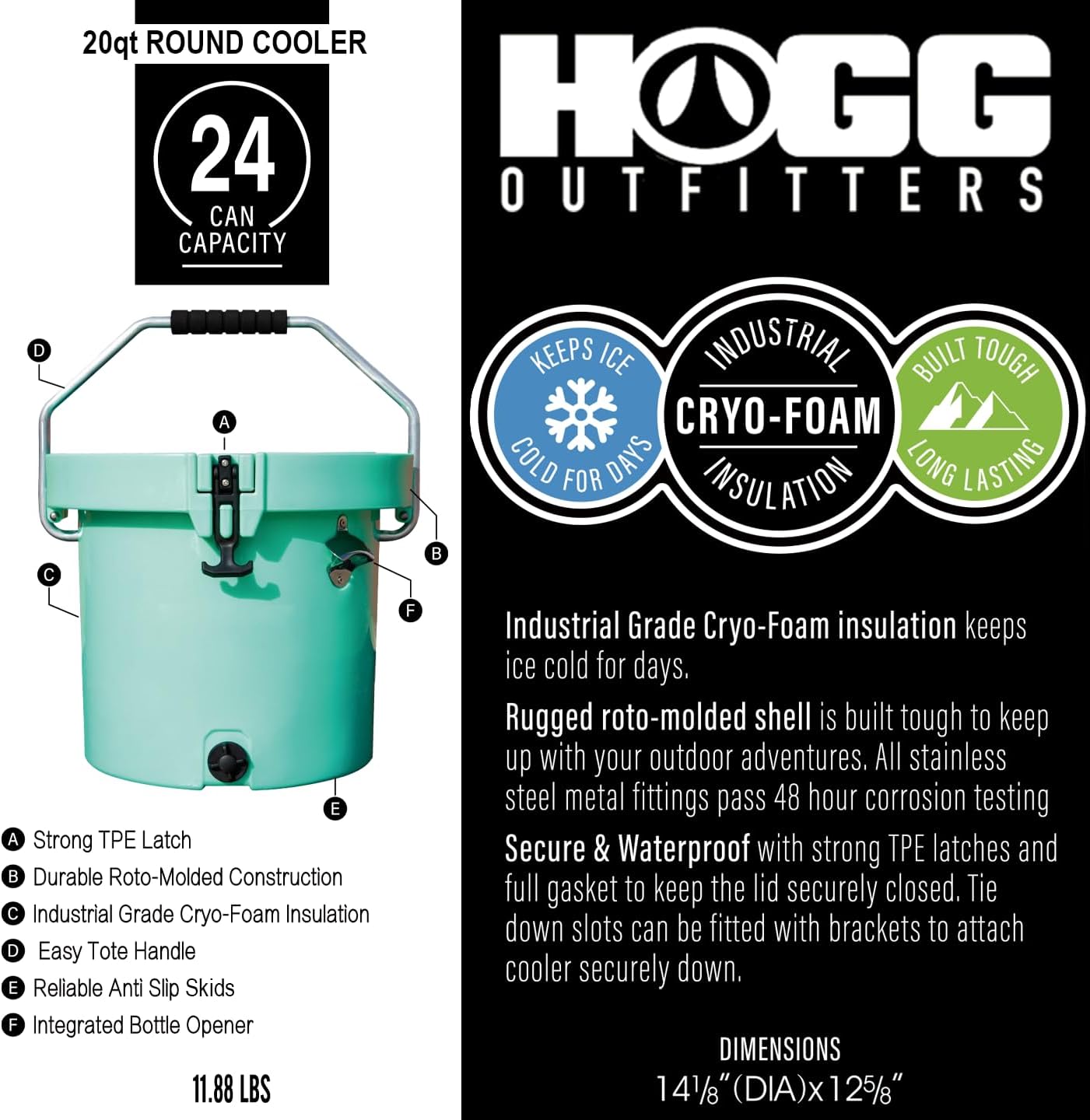 HOGG 20 Quart Round Insulated Portable Cooler Bucket, 24 Can Capacity, Easy Carry Handle