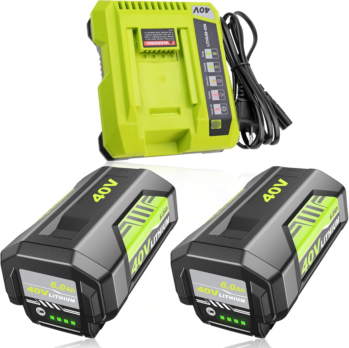 2Pack 6000mAh OP4026 Replacement for Ryobi 40V Battery and OP401 Charger Compatible with Ryobi 40 Volt Battery Lithium OP40261 OP4050 OP4040 OP40401 OP40201 OP40601 Cordless Power Tools (6.0Ah-Green)