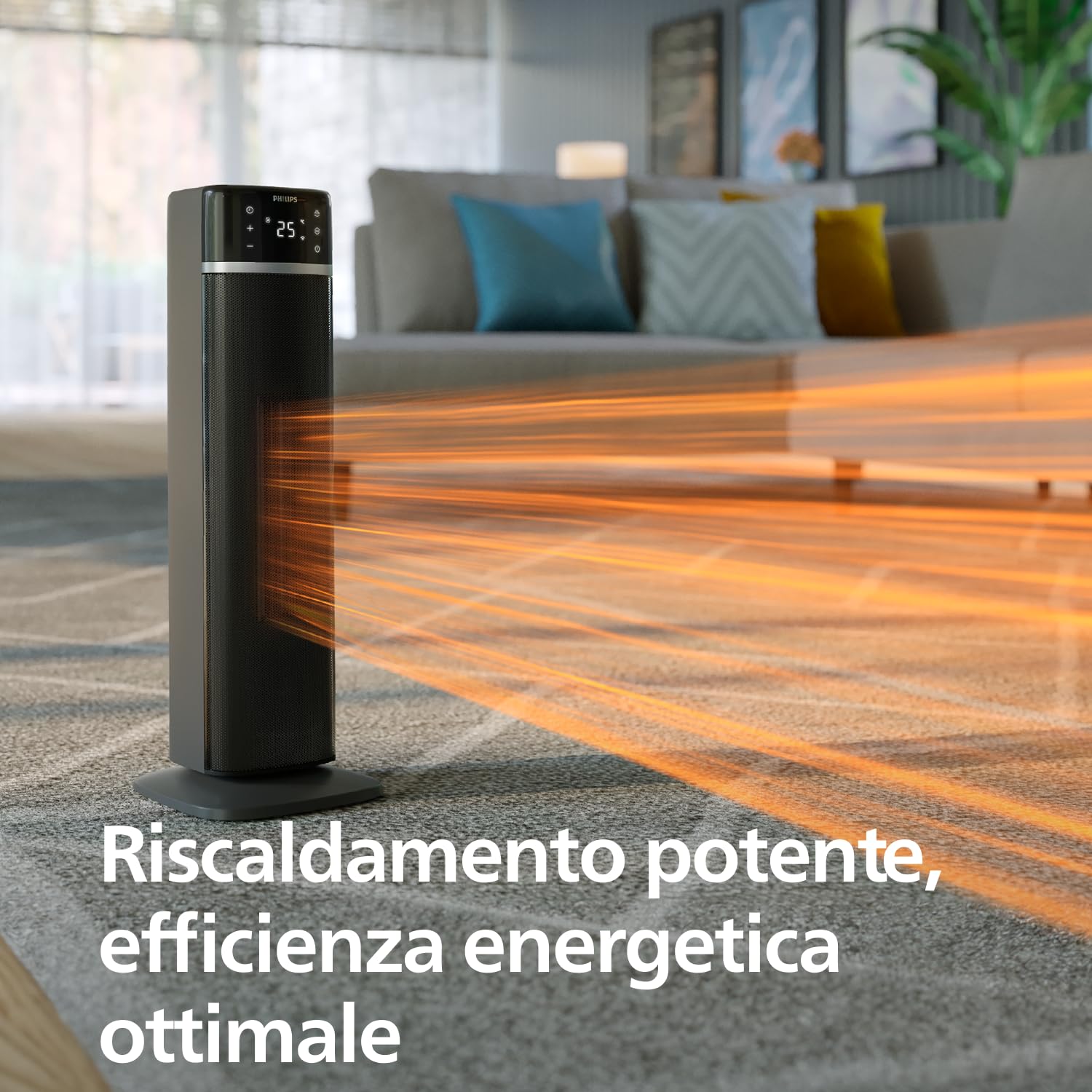 Philips Termoventilatore a torre Serie 5000-2000W, risparmio energetico 50%, display, 5 funzioni sicurezza, 4 modalità, oscillazione 60°, silenzioso, nero/grigio scuro (CX5120/11).