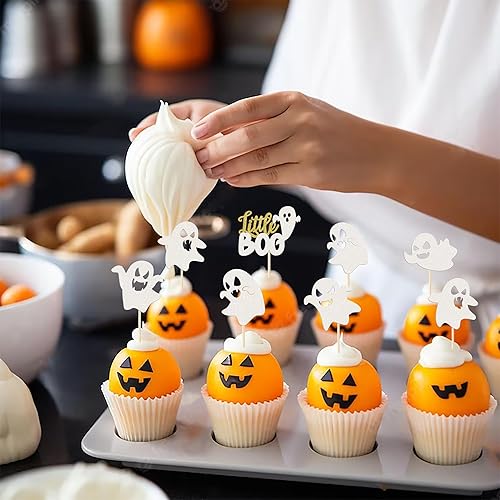 Miniatura 7 de Paquete de 24 adornos para cupcakes de fantasmas de Halloween con purpurina Little Boo Baby Shower para cupcakes, decoraciones para fantasmas de