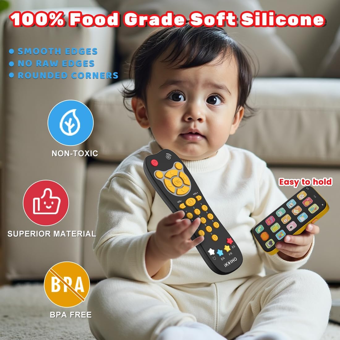 Baby Phone TV Remote Toy Set, Bilingual Play Phones Toy Remote for Baby with Music Light for 6+ Months, Early Learning Baby Toys Gift for 1 Year Old Boys Girls Toddler Infant, English/Spanish, Orange