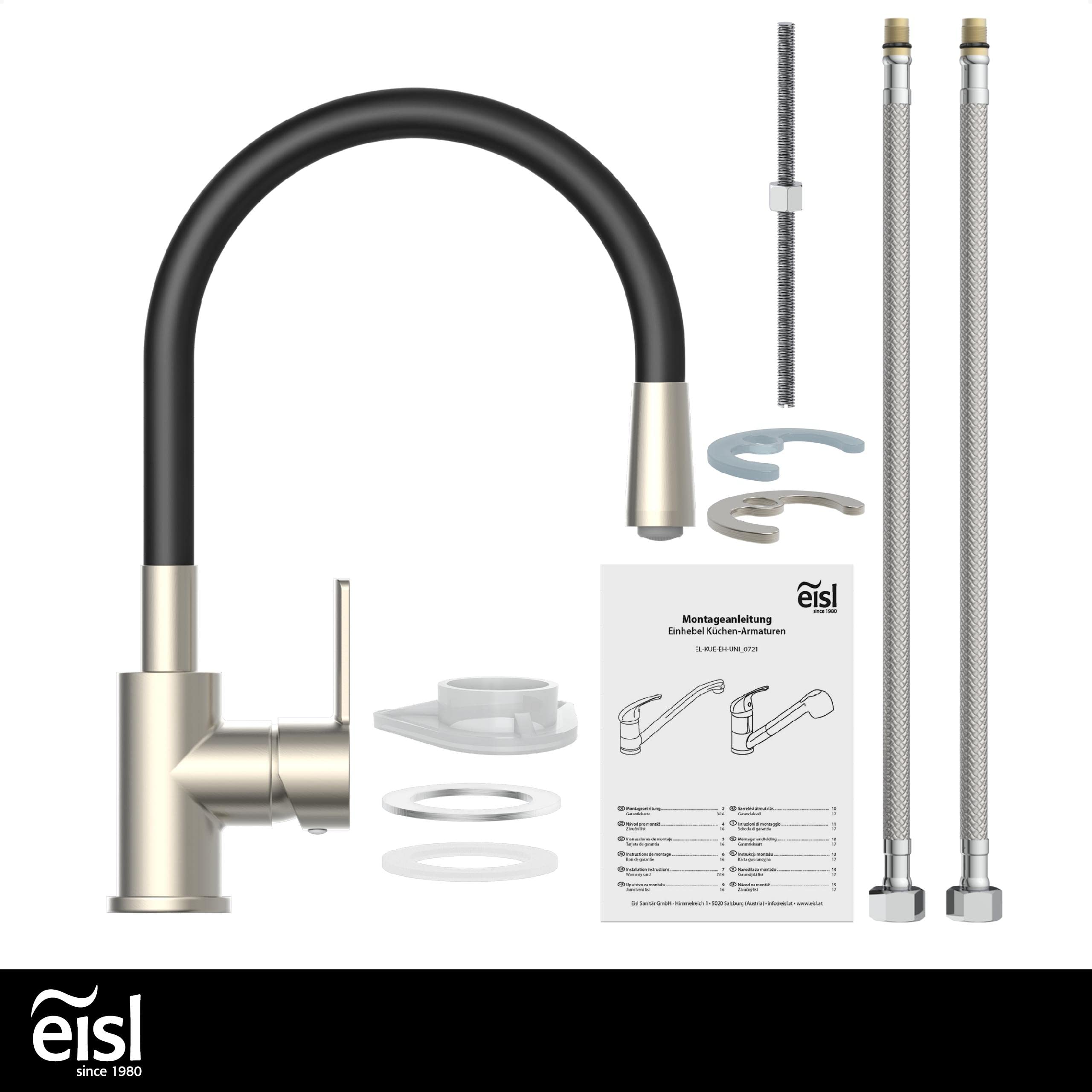 EISL Flexo Edelstahl/Schwarz Flexible Spültischarmatur, biegsamer Wasserhahn für die Küche, hoher Auslauf mit Soft-Touch-Schlauch, 360 Grad schwenkbar, Wasserhahn Küche flexibel, NI186FLNIB