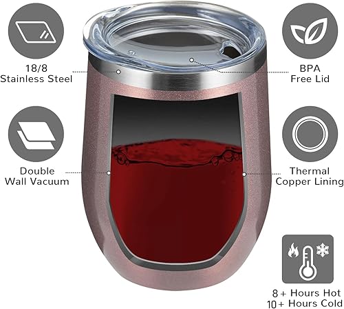Miniatura 9 de MEWAY Paquete de 8 vasos de vino de 12 onzas con tapa, sin tallo, de doble pared, al vacío, de acero inoxidable, con purpurina, mantiene el frío y