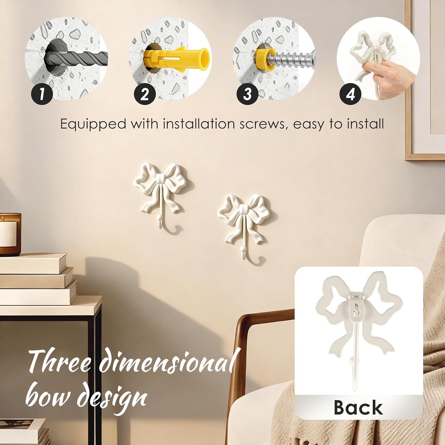 Large Size Bow Wall Hooks, Coquette Room Decor, Easy Install Metal Gold Functional Hook Decorative Towel Hanger with Screw for Bathroom Bedroom Closet Coats Hats Bags Towels (3.9 × 5.3 in, white)