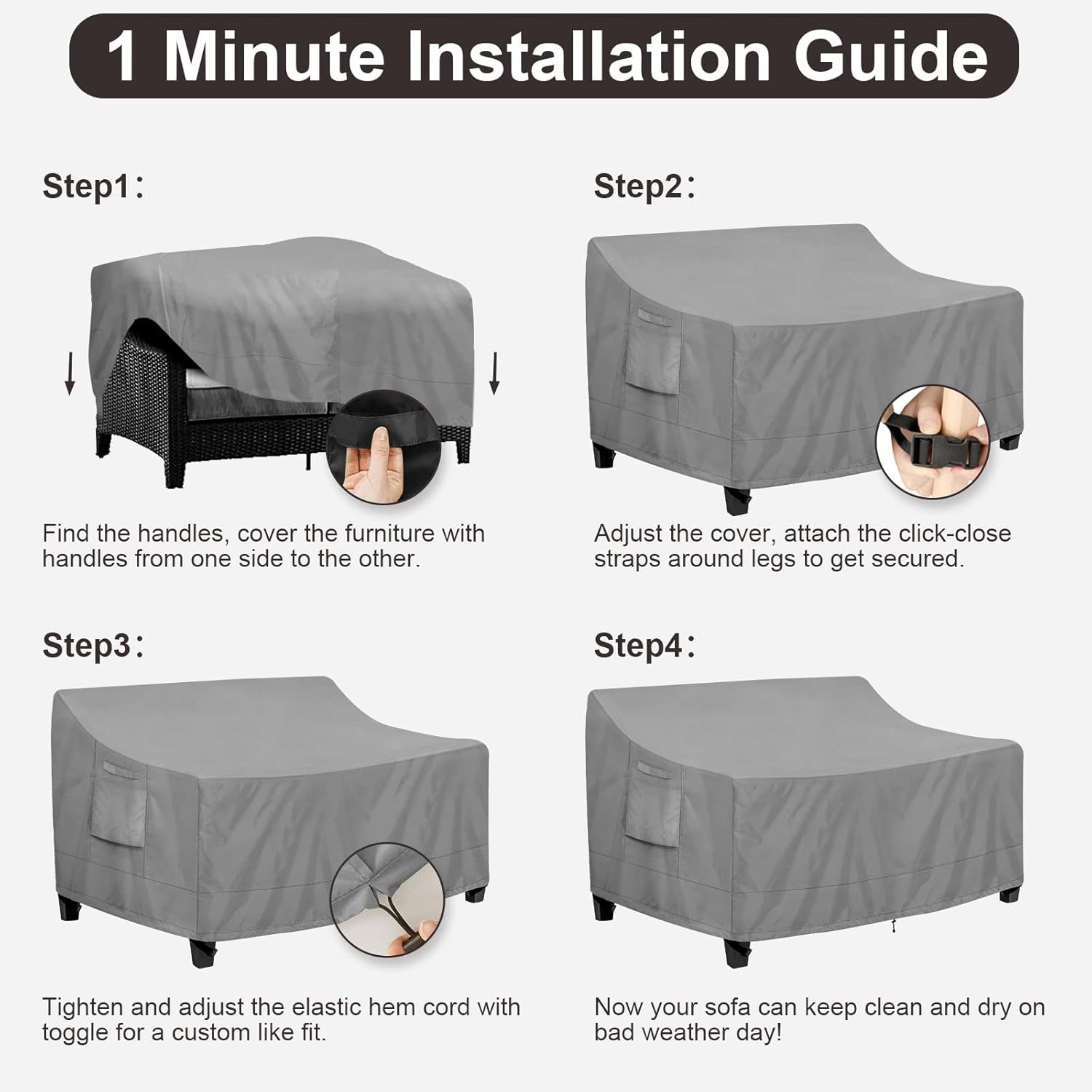 Generic Outdoor Couch Cover Waterproof Patio Sofa Furniture Covers, 2-Seater Loveseat with Air Vent and Handles, 60W x 35D 35H Inches, Gray Grey 60"W 35"D 35"H