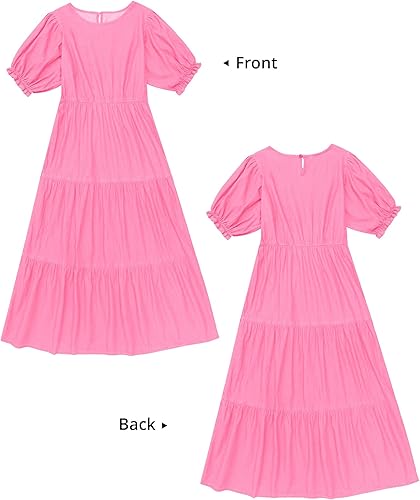 Miniatura 6 de GRAPENT Vestido de mezclilla para mujer, de verano, casual, manga abombada, por debajo de la rodilla, escalonado, acampanado, cintura elástica