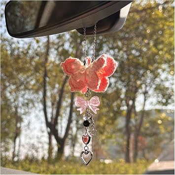CusDusk Pink Butterfly Crochet Car Mirror Hanging Accessories, Coquette Knitted Handmade Butterfly Decor Bow Pendant for Rear View Mirrors, Auto Interior Ornament for Women Girl