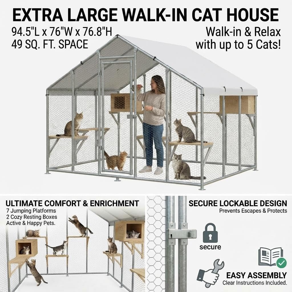 94.5" Extra Large Catio Outdoor Cat Enclosure, Galvanized Steel Cat Patio with Waterproof UV-Resistant Roof, 7 Platforms & 2 Resting Boxes for Backyard Multiple Cats