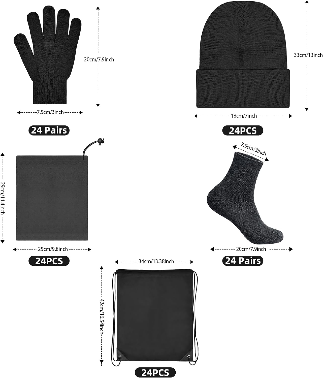Homeless Care Package Supplies Bulk,Winter Beanies Hat Neck Warmer Gaiters Socks Bulk Set Gloves Set with Drawstring Bags