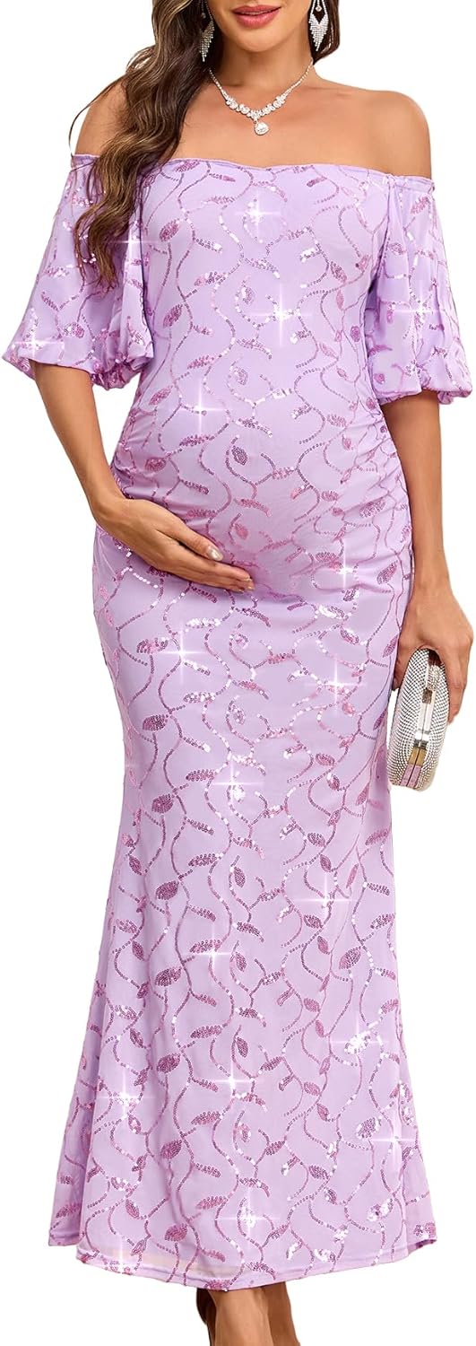 CYCLAMEN Off-Shoulder Sequin Maternity Evening Gown Puff Sleeves Formal Mermaid Maxi Dress for Baby Shower Photoshoot