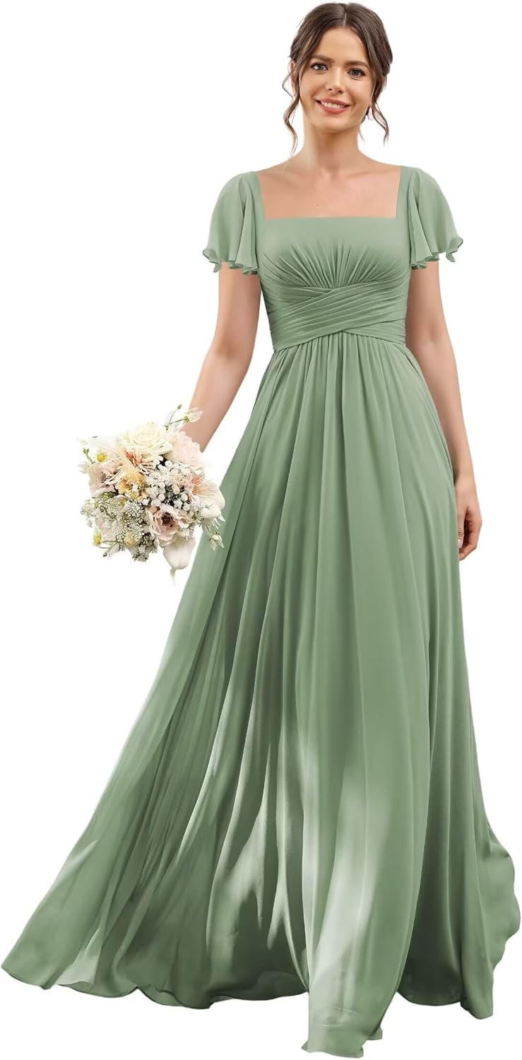 Monlity Square Neck Bridesmaid Dresses with Pockets Long Ruffle Sleeves Pleated A Line Chiffon Formal Evening Dress