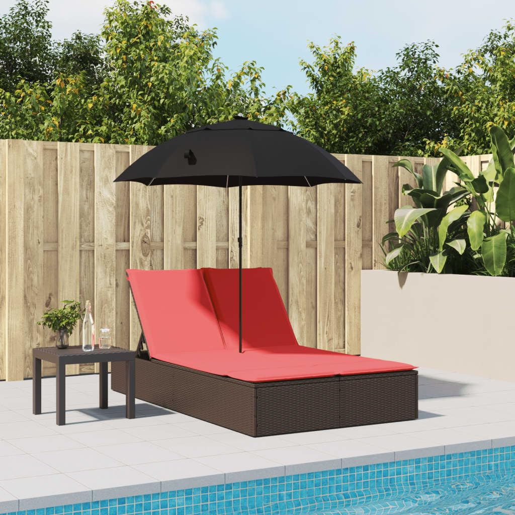 Chaise Longue Double en Résine Tressée Marron avec Parasol Rouge et Coussins Lavables - Lit de Jardin 2 Places avec Dossier Réglable pour Terrasse et Piscine - 200 x 164 x 176 cm