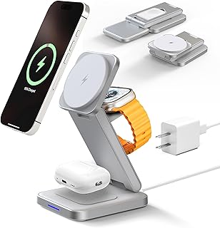 SIMPKEELY 3-in-1 Magnetic Wireless Charging Station, 15W Fast Charger Stand for iPhone/Apple Watch/AirPods, Foldable Desig Price In India