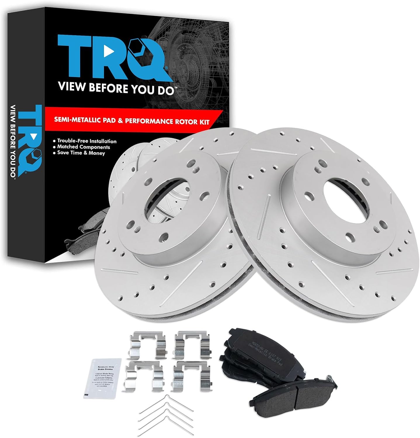 TRQ Front Performance Brake Pad & Rotor Kit Brake Pads Brake Rotors Set Semi-Metallic Premium G-Coated Compatible with 1996-1999 INFINITI I30 1989-1999 Nissan Maxima