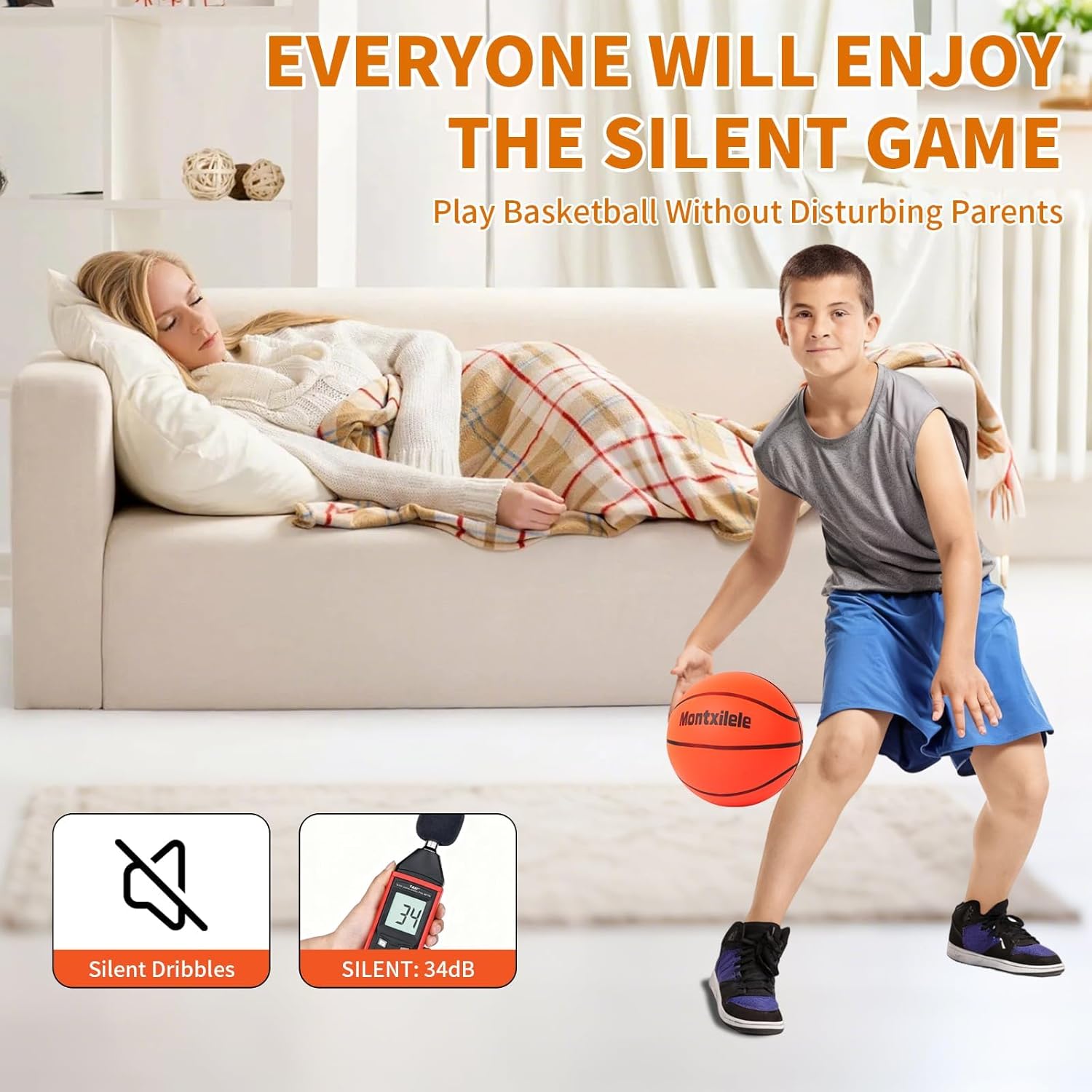 Indoor Silent Basketball Size 7 with Hoop (29.5") – Airless Foam Ball for Quiet Indoor Dribbling, Ships Uncompressed, Foldable Wall-Mounted Hoop with Adhesive Mount, No Drilling