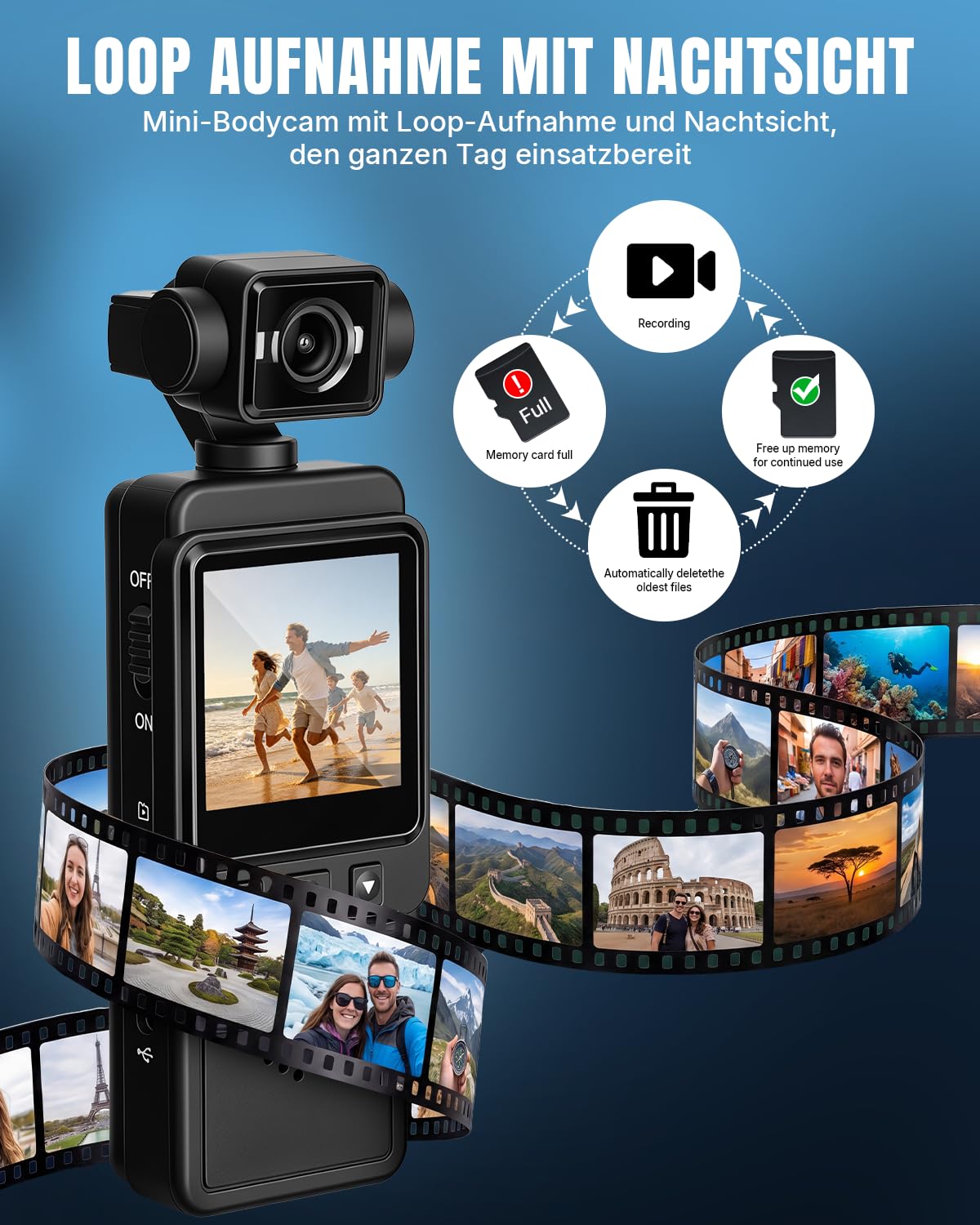 Körperkamera Bodycam Vlog Kamera, 4K Mini Sports Action Cam mit 270° Drehbarem Objektiv, Tragbare POV Camera Taschenkamera für Vlogging, Reisen, Sicherheit und Arbeit, Schwarz