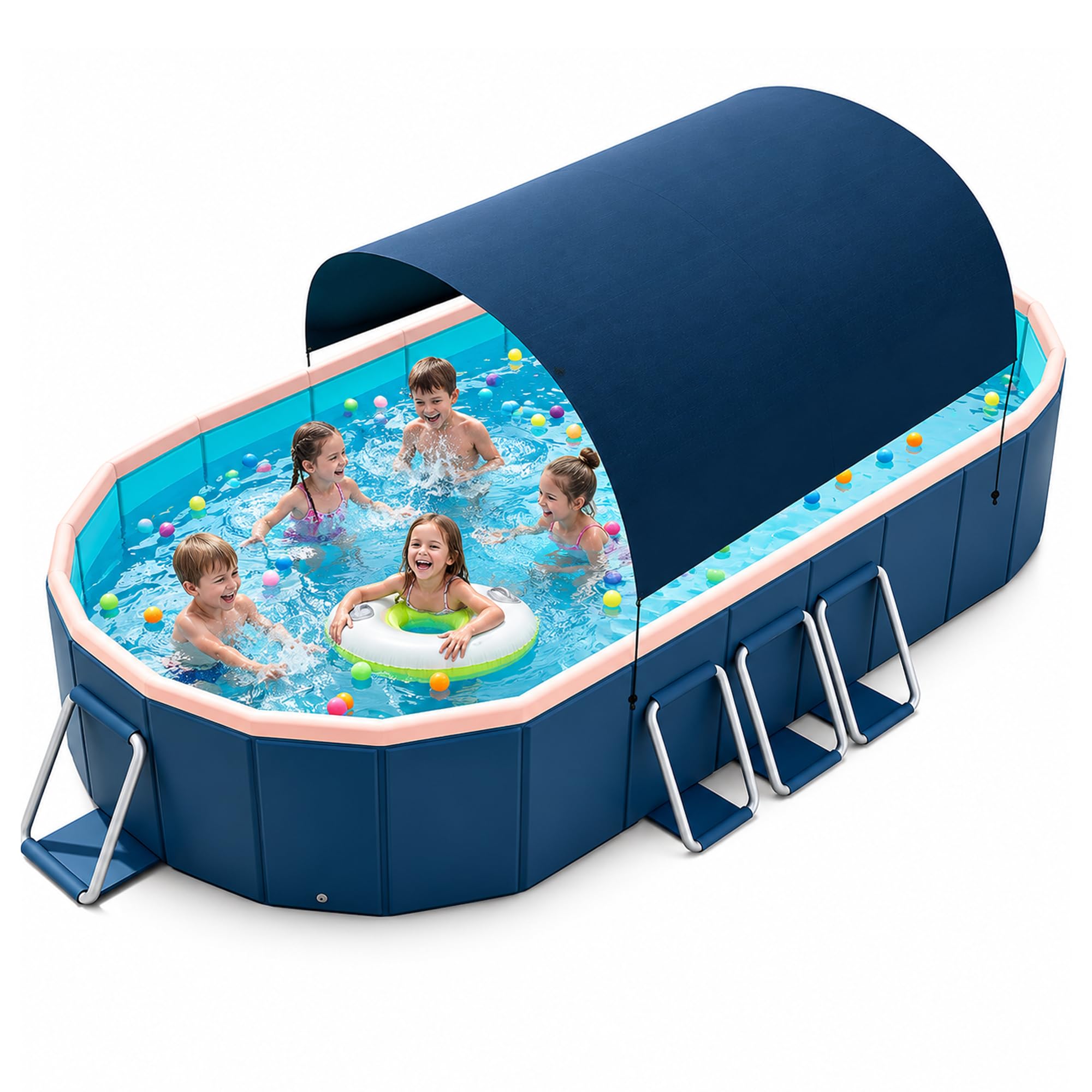 Faltpool Mit Dach, Nicht Aufblasbarer Pool | PVC-Faltpool Für Erwachsene & Kinder, Abnehmbare Sonnendach, Doppelablauf, Garten Terrasse Camping(2.1m/6.9ft)