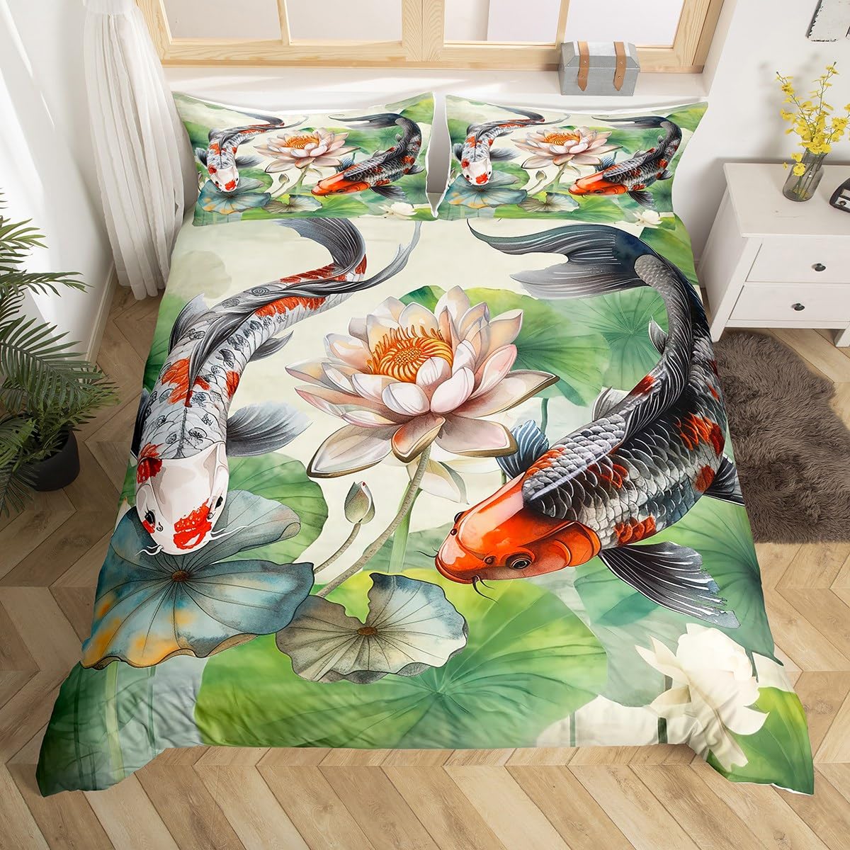 Parure de lit carpe koï et lotus pour créer une ambiance zen dans la chambre