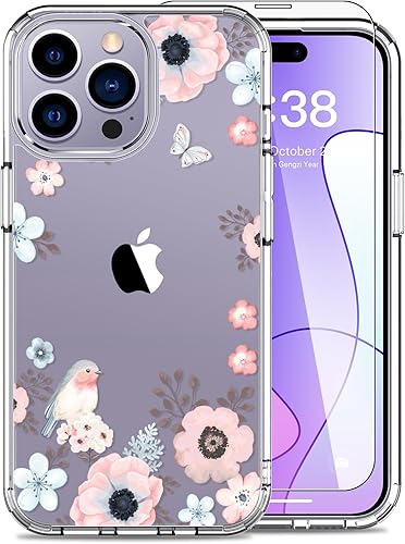 LUHOURI Funda para iPhone 15 Pro con protector de pantalla Funda duradera transparente Diseños de moda para mujeres y niñas Funda protectora