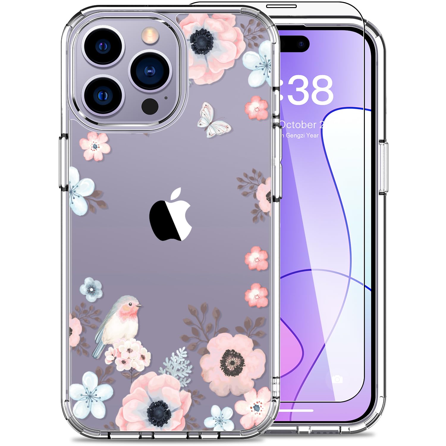 LUHOURI for iPhone 15 Pro Max Case with Screen Protector - Crystal Acrylic Clear - Fashionable Pattern Design - Wireless Charging - Slim Fit Protective Phone Cover for Women Girls,Nice Blossoms