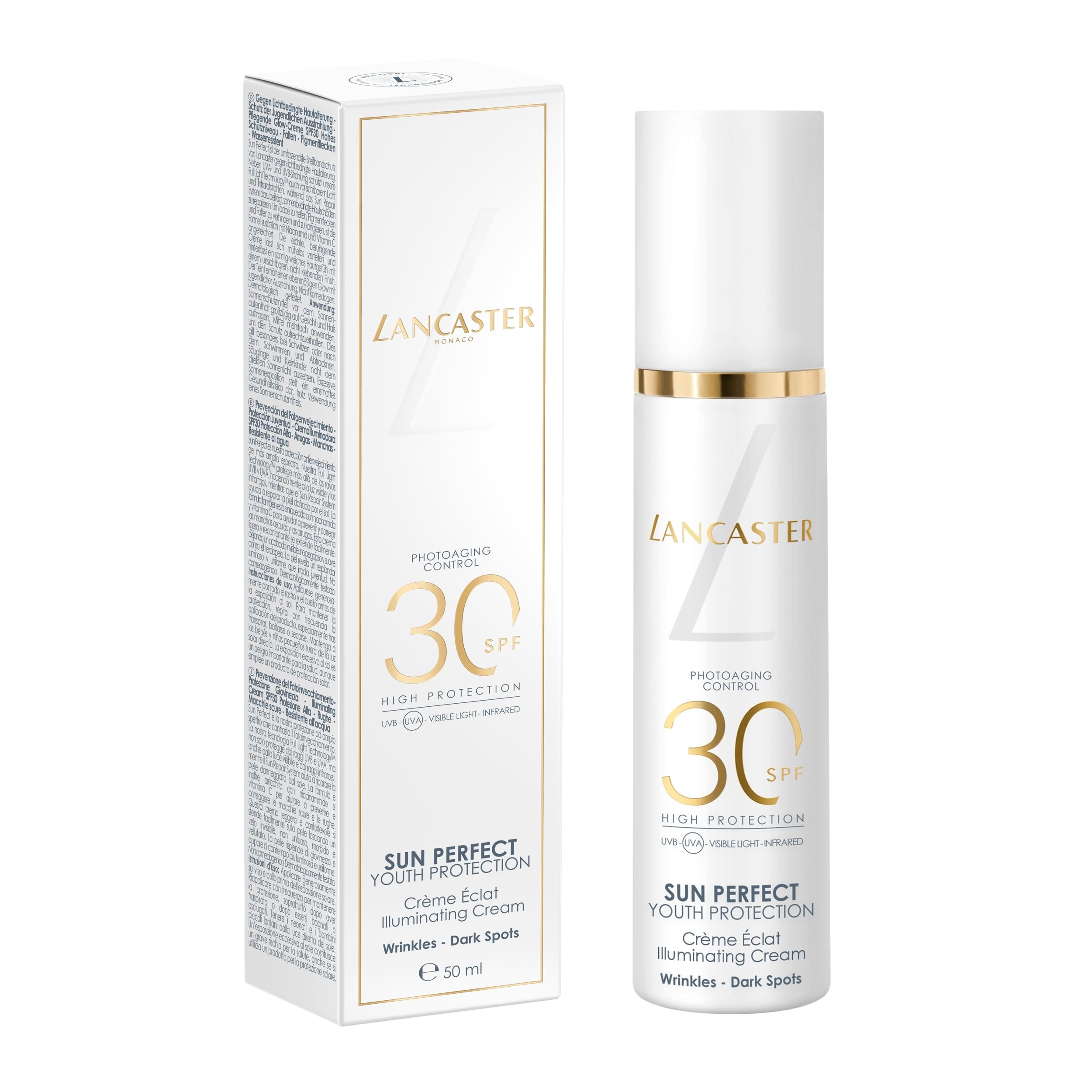 Lancaster Sun Perfect Sun Perfecting Fluid - Fluido Solare Anti-Età, Previene e Aiuta a Correggere Rughe, Linee Sottili e Macchie Scure, Contrasta il 100% dello Spettro Solare, 50 ml