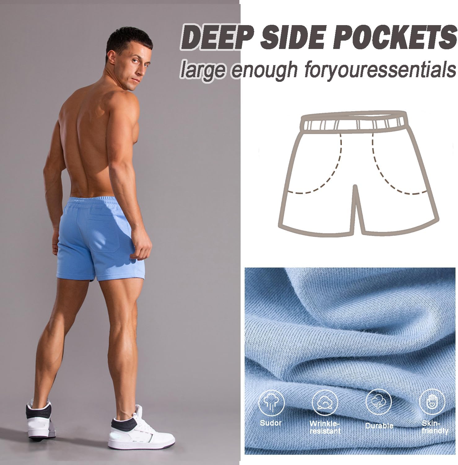 Men 5.5/7 Inch Cotton Sweat Shorts Men Cotton Workout Short with Pockets