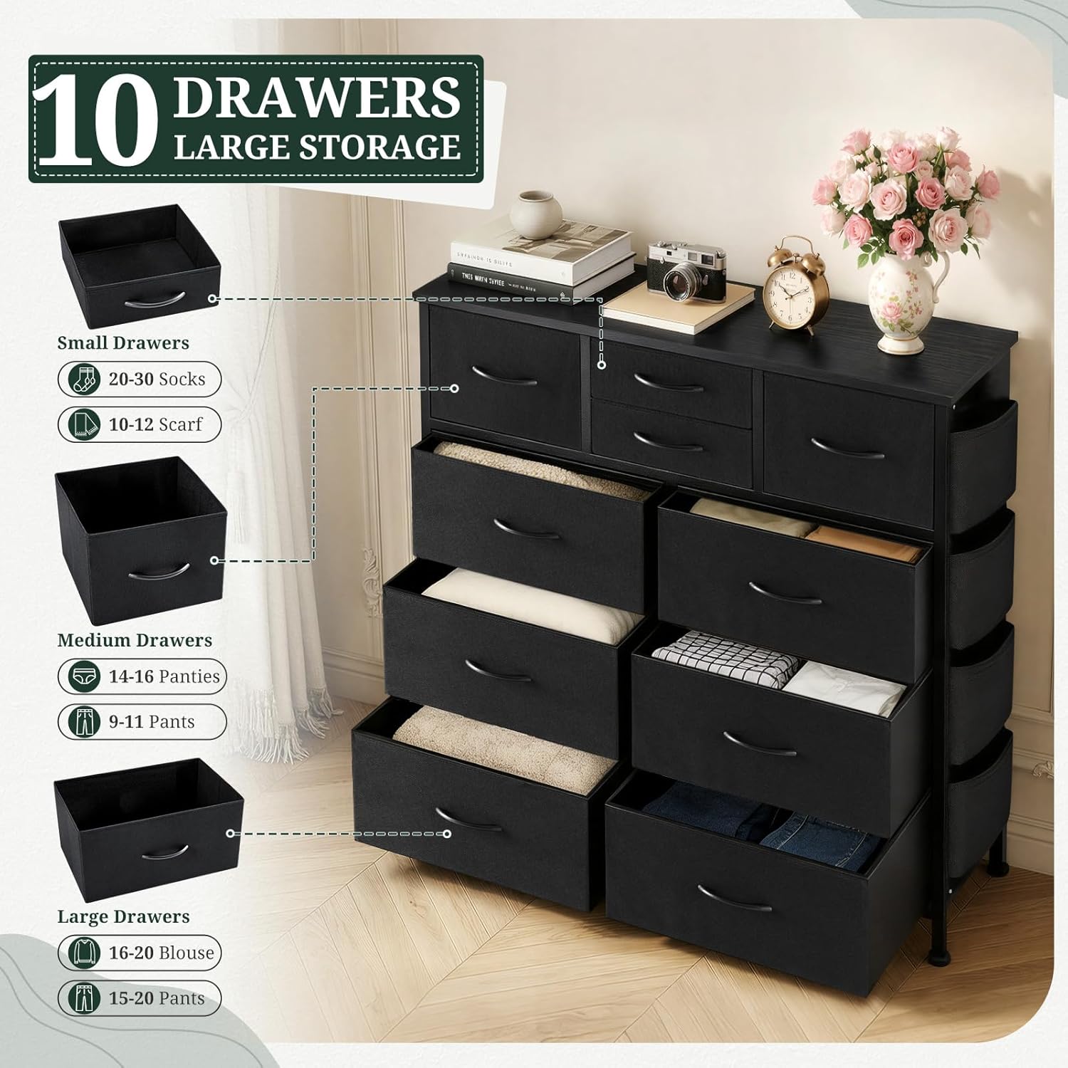 Dresser for Bedroom with Side Pockets and Hooks, 10 Drawers Storage Organizer Chest of Drawers, Sturdy Metal Frame for Living Room, Hallway, Closet, Black