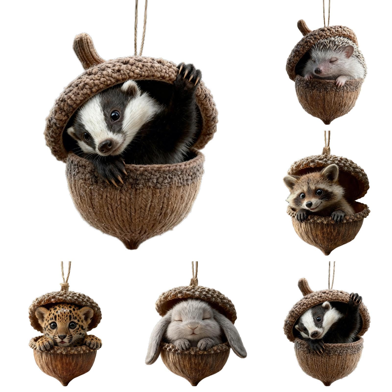 6PCS Forest Animal Acorn Ornament,Forest Christmas Ornaments and Craft，A