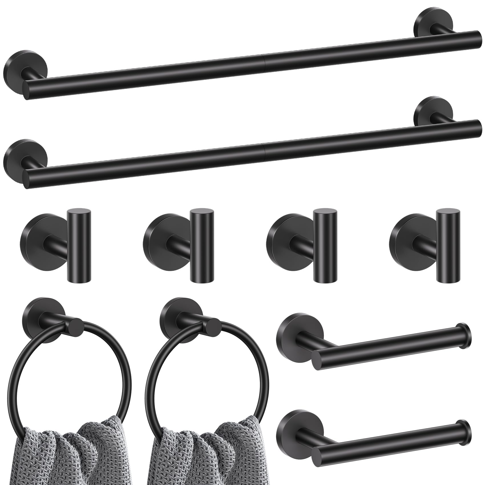 Lairuier Matte Black Bathroom Hardware Set, 10-Piece Towel Bar Set SUS304 Stainless Steel Bathroom Hardware Accessories Set Round Towel Holder Set