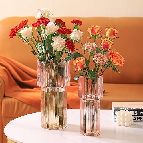 Miniatura 5 de Jarrón de cristal rosa, juego de 2 jarrones de vidrio acanalado, jarrón estriado, florero alto, jarrón de vidrio grande, jarrón moderno para sala de